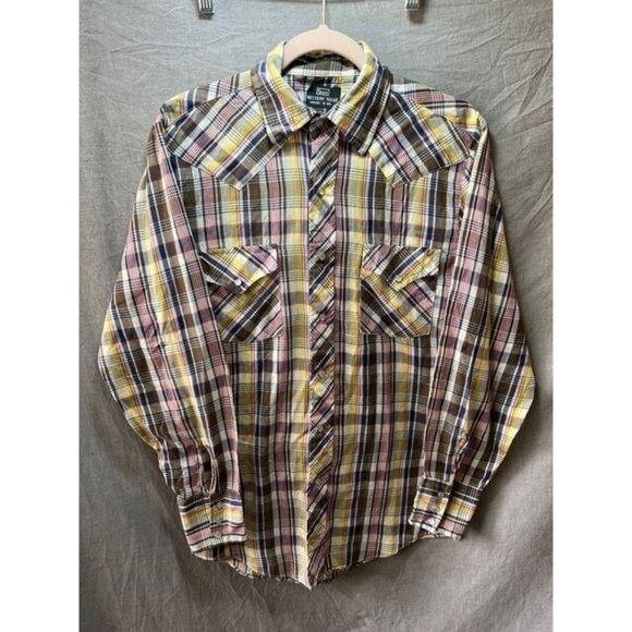 Vintage Western Wear Button Up Shirt Adult Medium Brown Yellow Long Sleeve Mens. - Picture 1 of 8